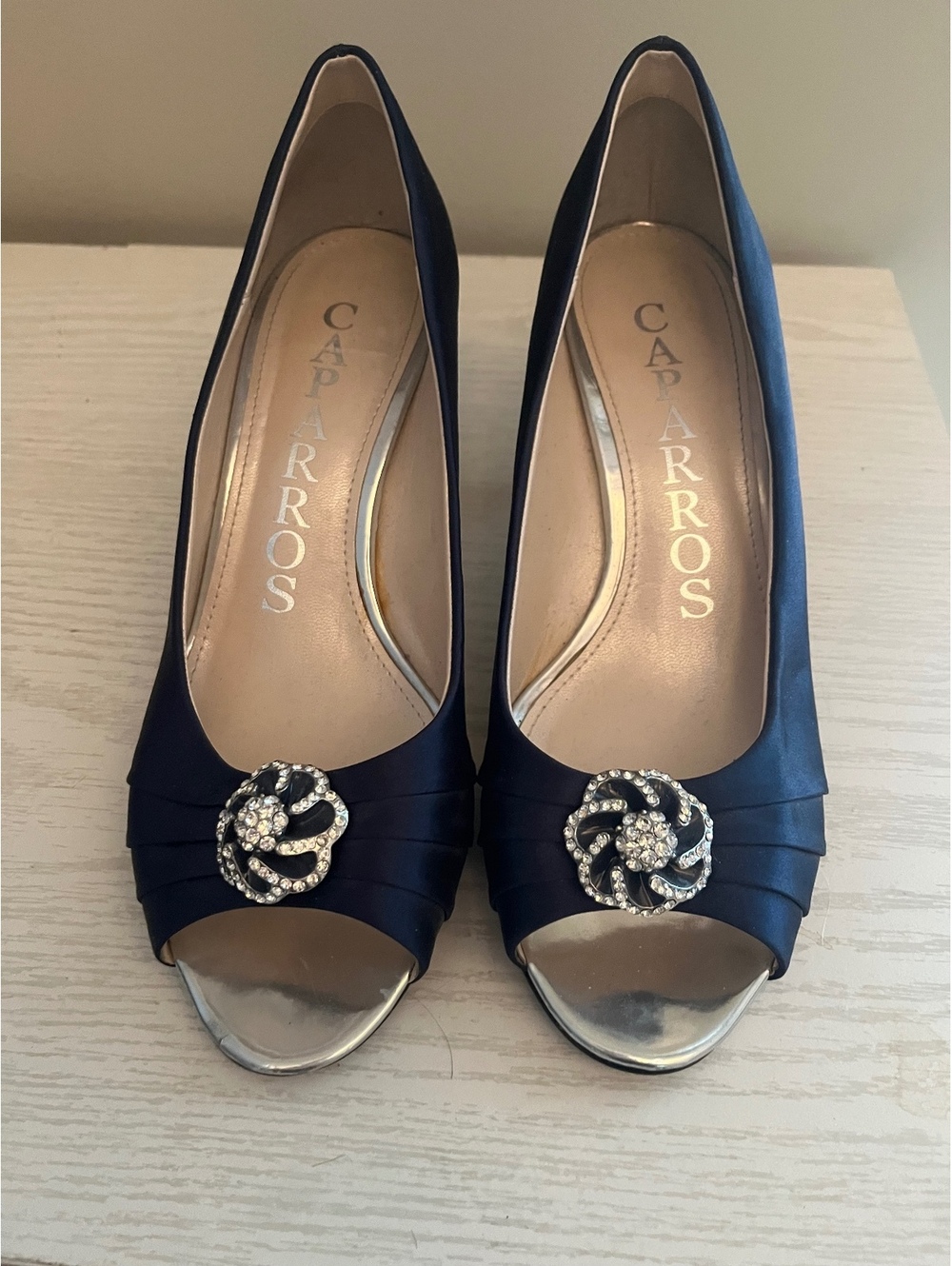 Caparros Navy Satin Peep-Toe Kitten Heels with Rhinestone Floral Brooch